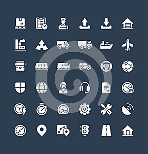 Vector solid icons set with Logistic, delivery business, distribution flat symbols.