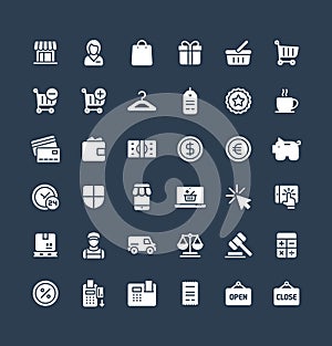 Vector solid icons set with shopping and e-commerce flat symbols.