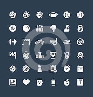Vector solid icons set with sport and fitness flat symbols.