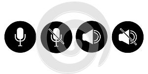 Vector sound on and off icons. Microphone on mute button. Silence symbol. Chat buttons. Stock image photo