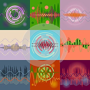 Vector sound waves set. Audio equalizertechnology, pulse music.