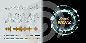 Vector sound waves set on black and white background. Soundwave amplitude equalizer