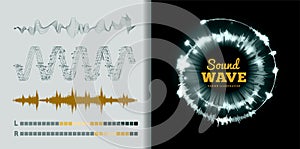 Vector sound waves set on black and white background. Soundwave amplitude equalizer photo