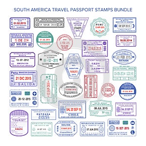 Vector South America colour travel visa stamps set photo