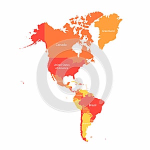 Vector South America and North America map with countries borders. Abstract red and yellow American countries on map