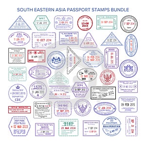 Vector south eastern asia color travel visa stamps bundle