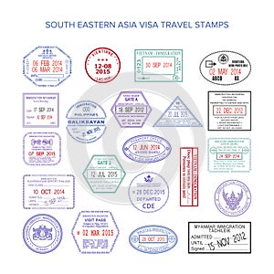 Vector south eastern asia color travel visa stamps set