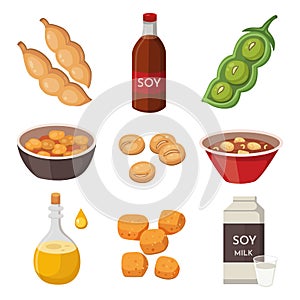 Vector Soya Products and Foodstuff: milk, oil, sauce, meat, tofu. Soy green pods and beans. Legumes sprouts cartoon flat