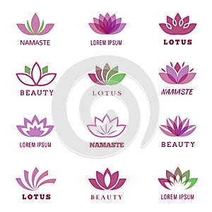 Vector spa, boutique, beauty salon, cosmetician, shop, yoga class, hotel and resort logo set with lotus flowers