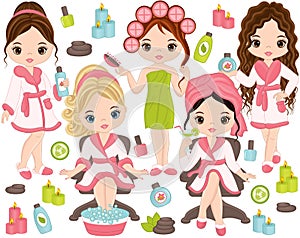 Vector Spa Set with Young Girls and Spa Elements