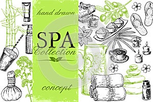 Vector spa treatment accessories banners withwith bamboo, massage stones and skin care products. Design for natural