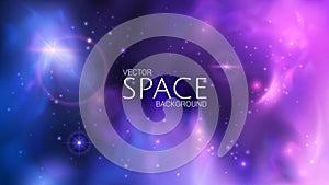 Vector space. Blue and purple blurred abstract background with reÐ°listic nebulae, shining stars and distant planets.