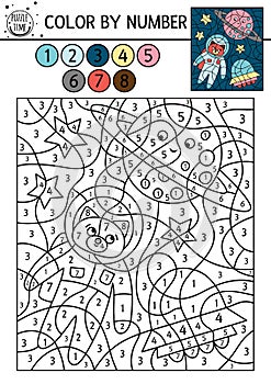 Vector space color by number activity with astronaut, planet, UFO. Astronomy coloring and counting game with cute cosmonaut, stars