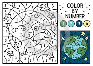 Vector space color by number activity with Earth planet. Astronomy coloring and counting game with cute stars. Funny cosmos