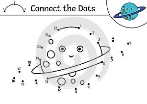 Vector space dot-to-dot and color activity with cute planet. Astronomy connect the dots game for children. Funny math coloring