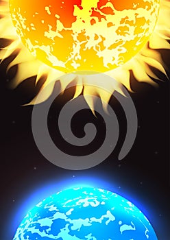 Vector space illustration with stars, planet Earth and Sun.