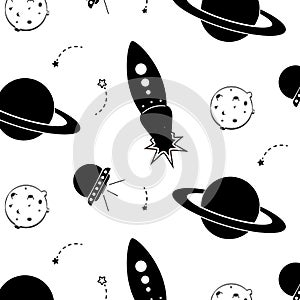 Vector space pattern. Illustration with rocket, aliens, shuttle, planet and stars. Astronomy white black background