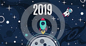 Vector space poster design background with 2019 text. Cute template with Astronaut, Spaceship, Rocket, Moon, Black Hole, Stars in
