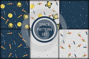 Vector space seamless pattern with planets, comets, constellations, rockets and stars. Sky illustration astronomical background.