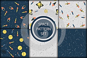 Vector space seamless pattern with planets, comets, constellations, rockets and stars. Sky illustration astronomical background.