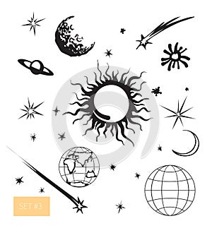 Vector space set. Sun, moon, Earth, stars.