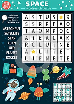Vector space wordsearch puzzle for kids. Simple astronomy crossword for children. Activity with UFO, astronaut, star, planet, photo