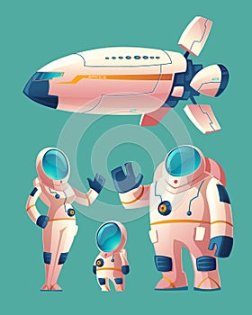 Vector spaceman family in spacesuit with spaceship