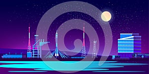 Vector spaceport, base at night with rocket