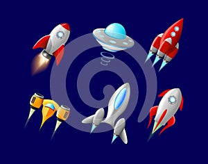 Vector spaceship and UFO vector set in cartoon style. Rocket and spacecraft, futuristic transportation, collection ship