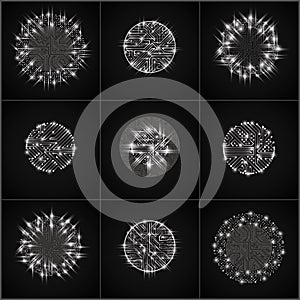Vector sparkling circuit board circles, digital technologies abs