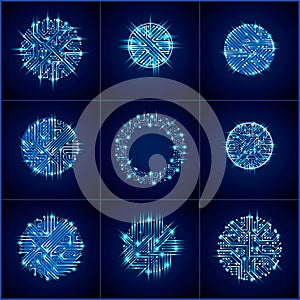 Vector sparkling circuit board circles, digital technologies abs