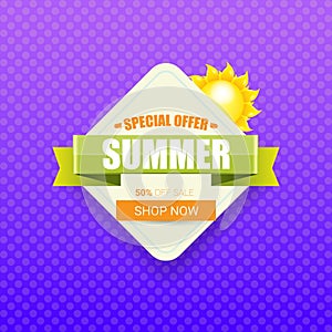 Vector special offer summer label design template . Summer sale banner or badge with sun and text on summer violet