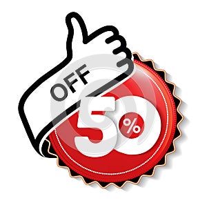 Vector special sale offer. Red tag with best choice. Discount offer price label with hand gesture. Sticker of 50 % off.