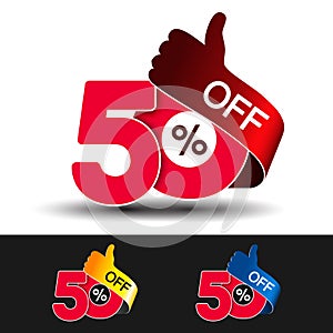 Vector special sale offer. Red tag with best choice. Discount offer price label with hand gesture. Sticker of 50 % off.