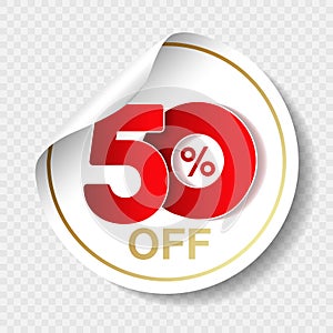 Vector special sale offer. White tag with red 50 % off. Discount offer price label. Circular sticker, coupon.