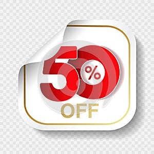 Vector special sale offer. White tag with red 50 % off. Discount offer price label. Square sticker, coupon.