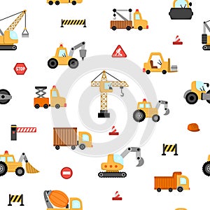 Vector special transport seamless pattern. Construction site, road work, building transport repeat background with bulldozer,