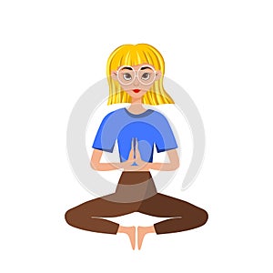 Vector spectacled blonde girl doing yoga, sitting in a lotus pose or padmasana, isolated on white background. Healthy lifestyle
