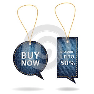 Vector speech bubble price tags of denim background