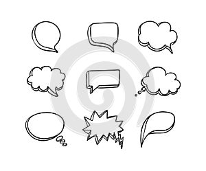 Vector Speech Bubbles Set, Black Lines Isolated on White Background, Handdrawn Blank Frames Collection, 3D Speech
