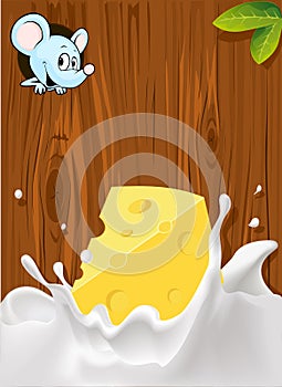 Vector splash of milk with cheese, mouse peeking