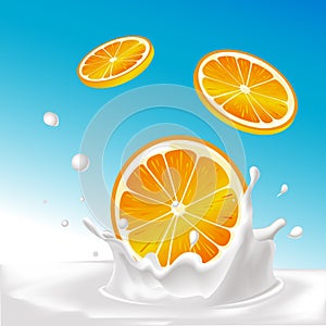 vector splash of milk with orange fruit - illustration