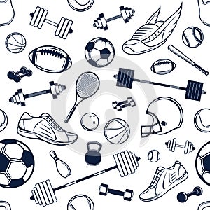 Vector Sport Equipment Black and White Background, Seamless, Pattern, Icons