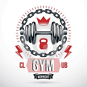 Vector sport equipment, dumbbell with disc weight and kettle bell. Fitness and heavyweight gym sport club emblem template