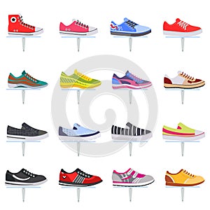 Vector sport shoes sneakers collection set. Elegant color flat icon set.