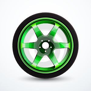 Vector sport wheel with green rim. Car alloy wheel isolated