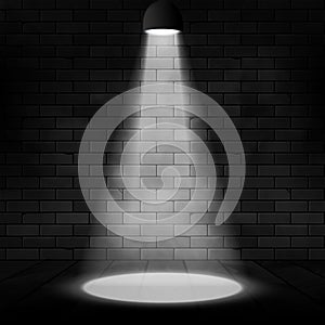 Vector spotlight illuminated scene and brick wall. Glow effect background. Stage decoration with floodlight lamp photo
