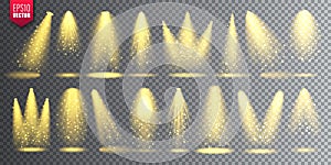 Vector spotlight set. Bright Christmas glowing light beam with sparkles. Transparent realistic glitter effect. Stage