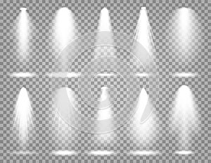 Vector spotlight set. Bright light beam. Transparent realistic effect. Stage lighting.