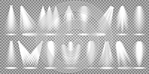 Vector spotlight set. Bright light beam. Transparent realistic effect. Stage lighting.